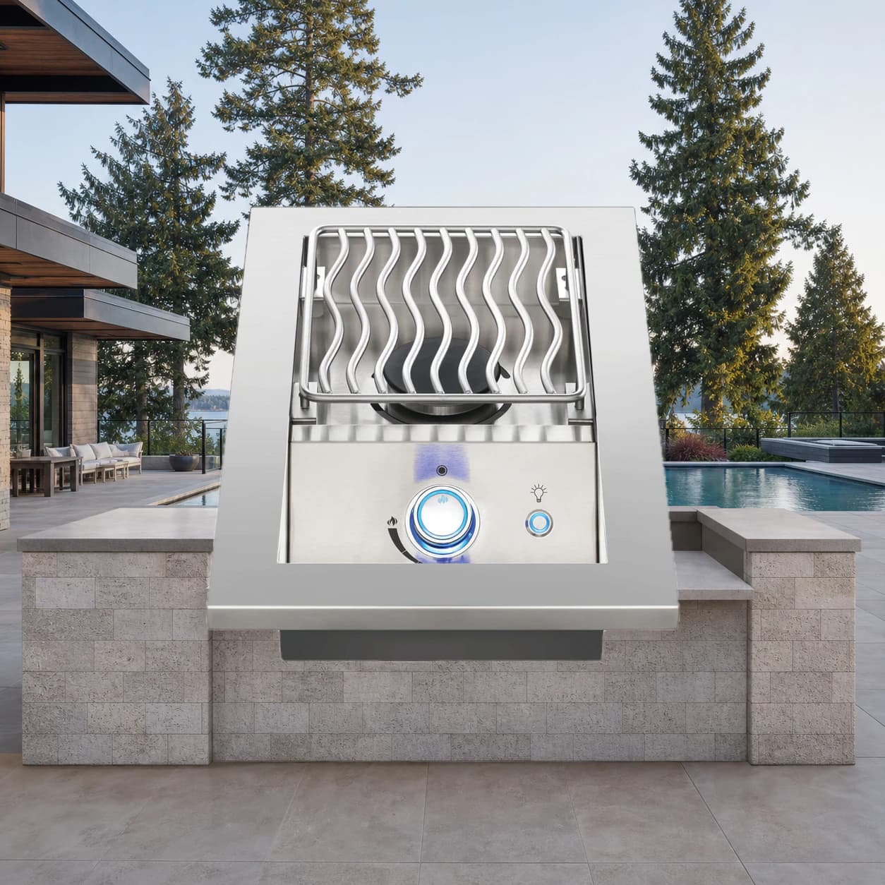 Built-In 700 Series 10"  Single Range Top Burner Propane, Stainless Steel in a modern poolside backyard