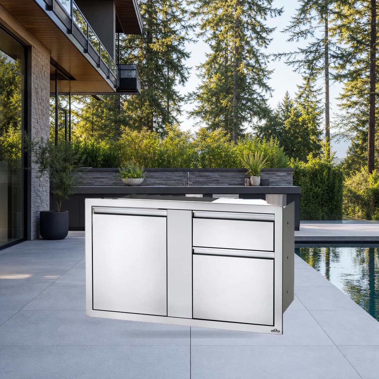 42" X 24" Large Door & Waste Bin Drawer in a modern poolside backyard