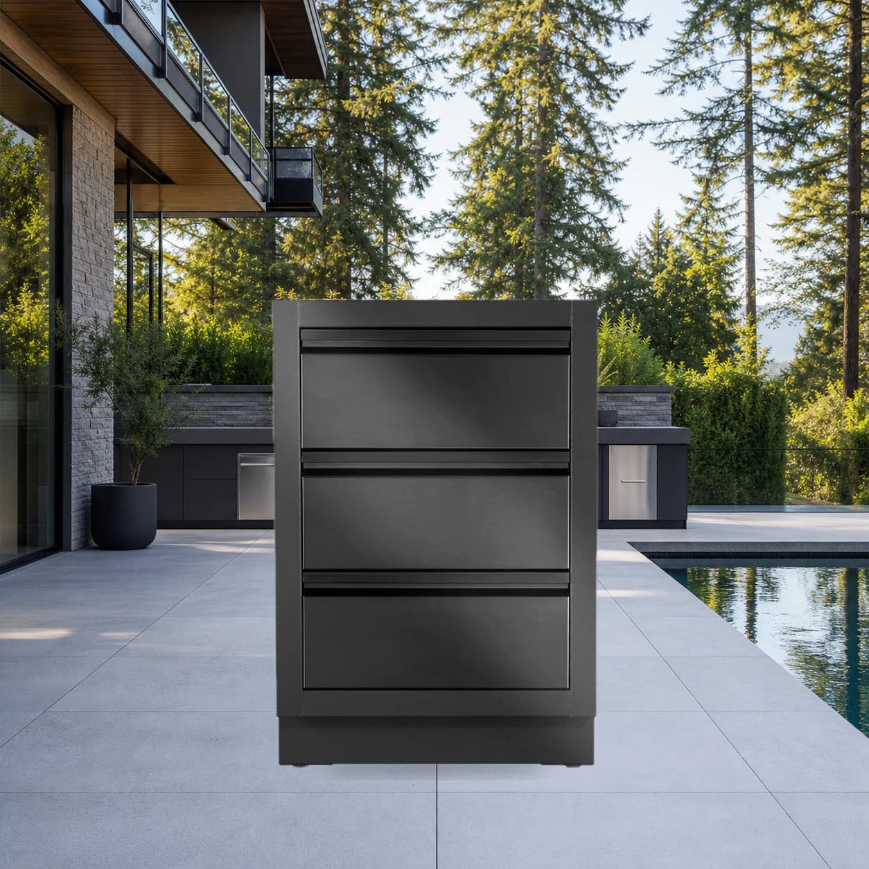 OASIS® Two Drawer Cabinet, Matte Black in a modern poolside backyard