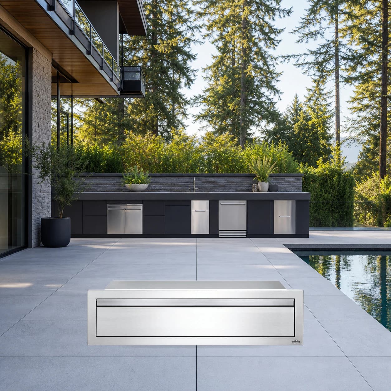 42" X 8" Extra Large Single Drawer in a modern poolside backyard