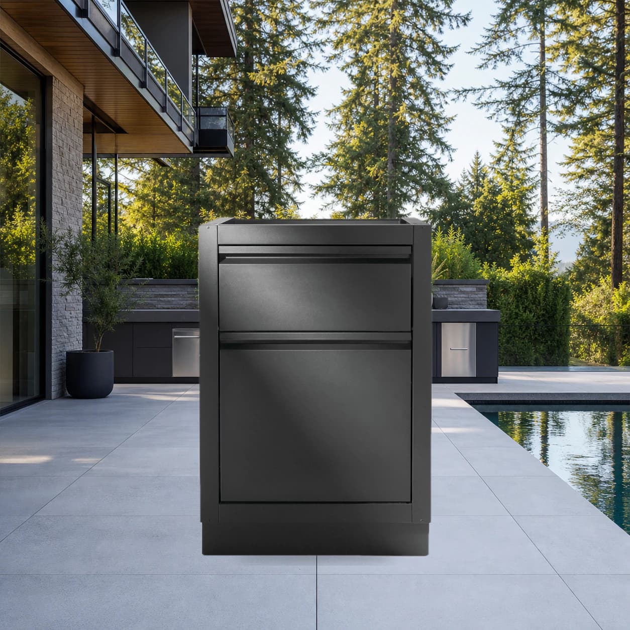 OASIS® Waste Drawer Cabinet, Matte Black in a modern poolside backyard