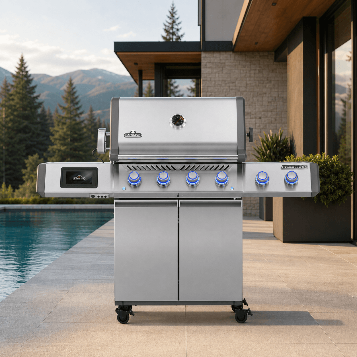 Prestige® PRO 500 Natural Gas Grill with Smart Technology in a modern poolside backyard