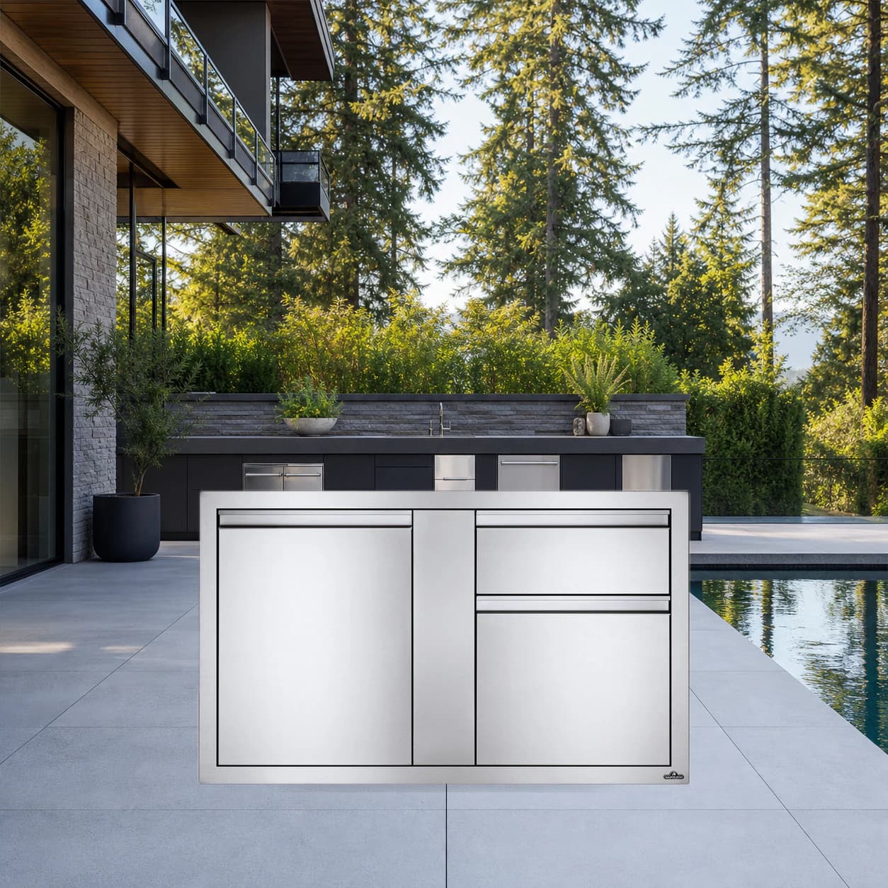 42" X 24" Large Single Door & Standard Drawer in a modern poolside backyard