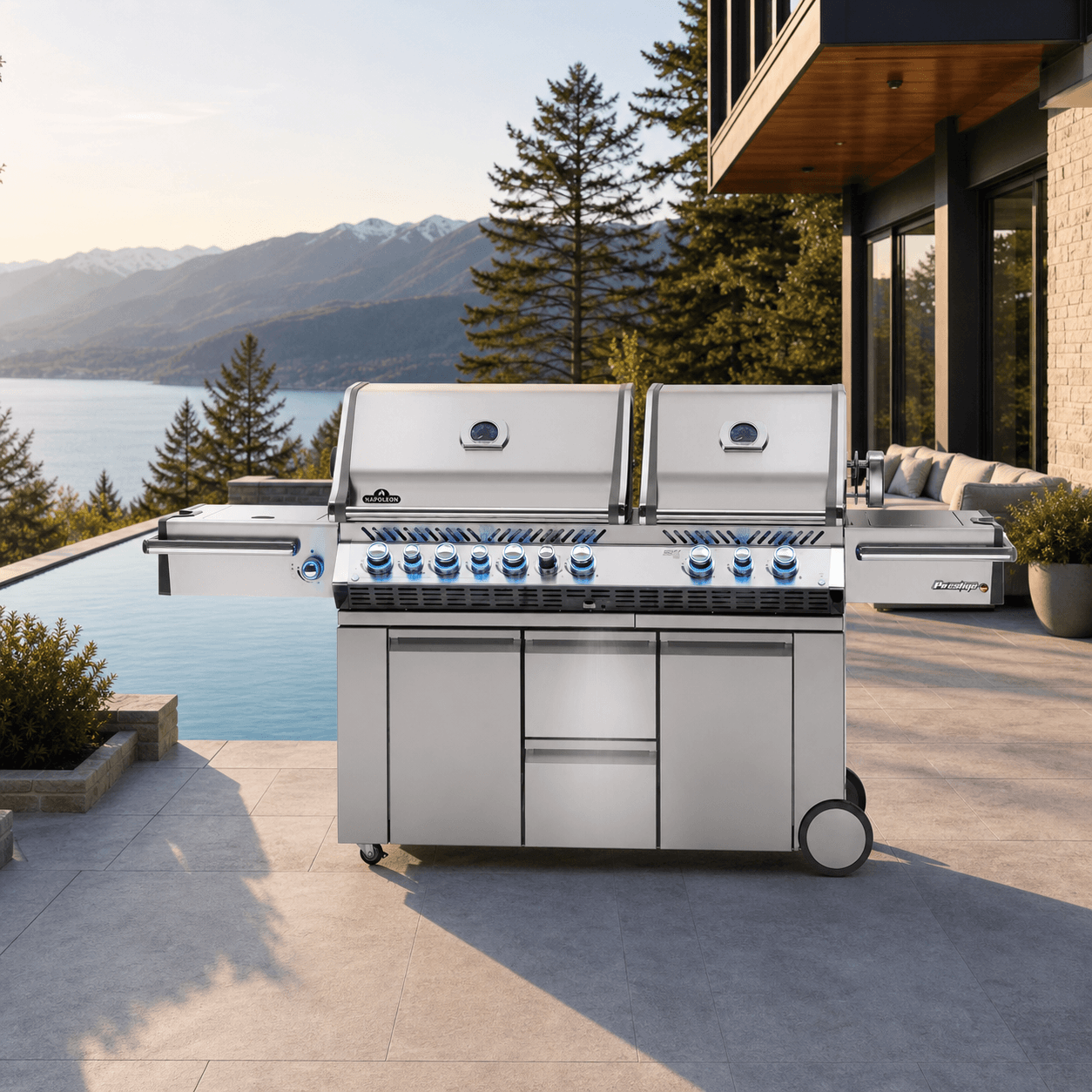 Classic Prestige® PRO 825 Propane Gas Grill with Power Side Burner and Infrared Rear & Bottom Burners, Stainless Steel in a modern poolside backyard