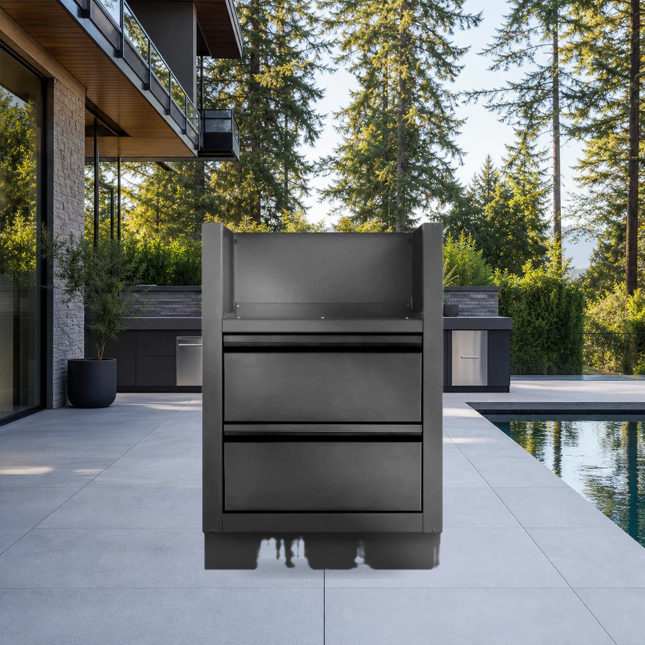 OASIS® Under Grill Cabinet for Built-in 700 Series Dual Burners, Matte Black in a modern poolside backyard