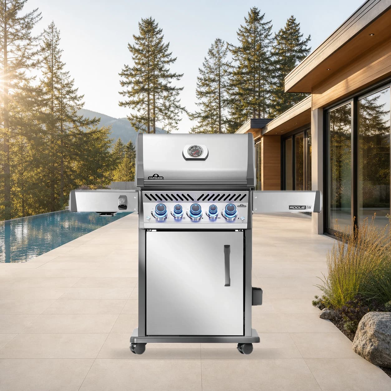 Rogue® PRO-S 425 Propane Gas Grill with Infrared Side and Rear Burners, Stainless Steel in a modern poolside backyard