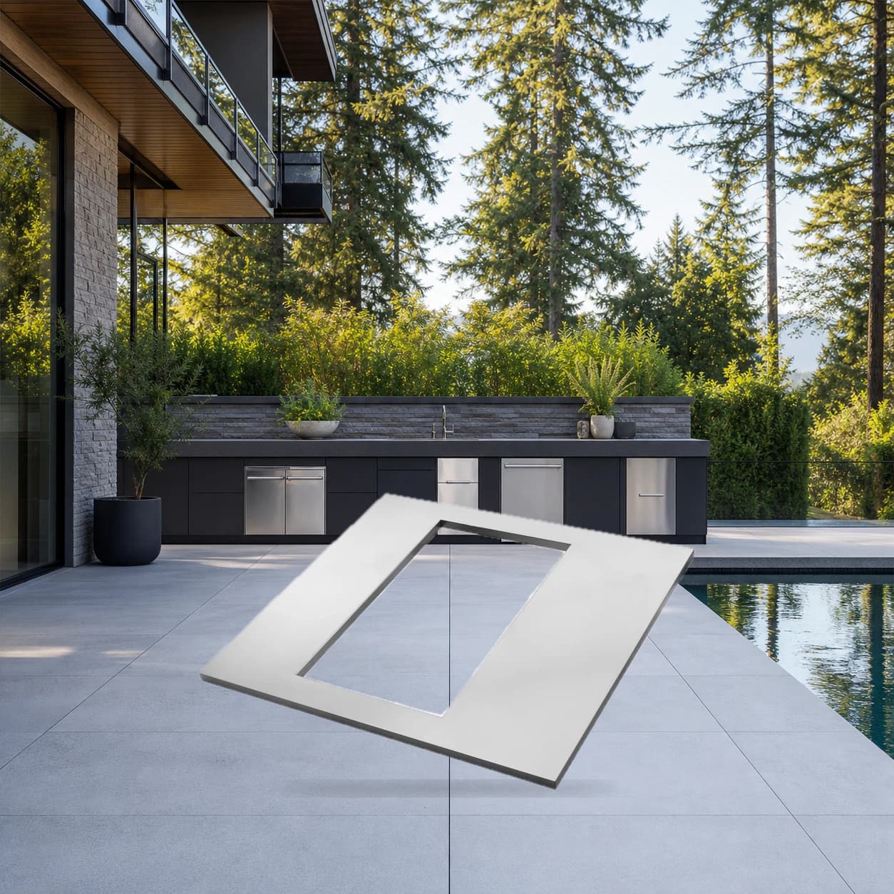 OASIS® 24" x 26" Stainless Steel End Countertop with 10" Burner Cutout in a modern poolside backyard