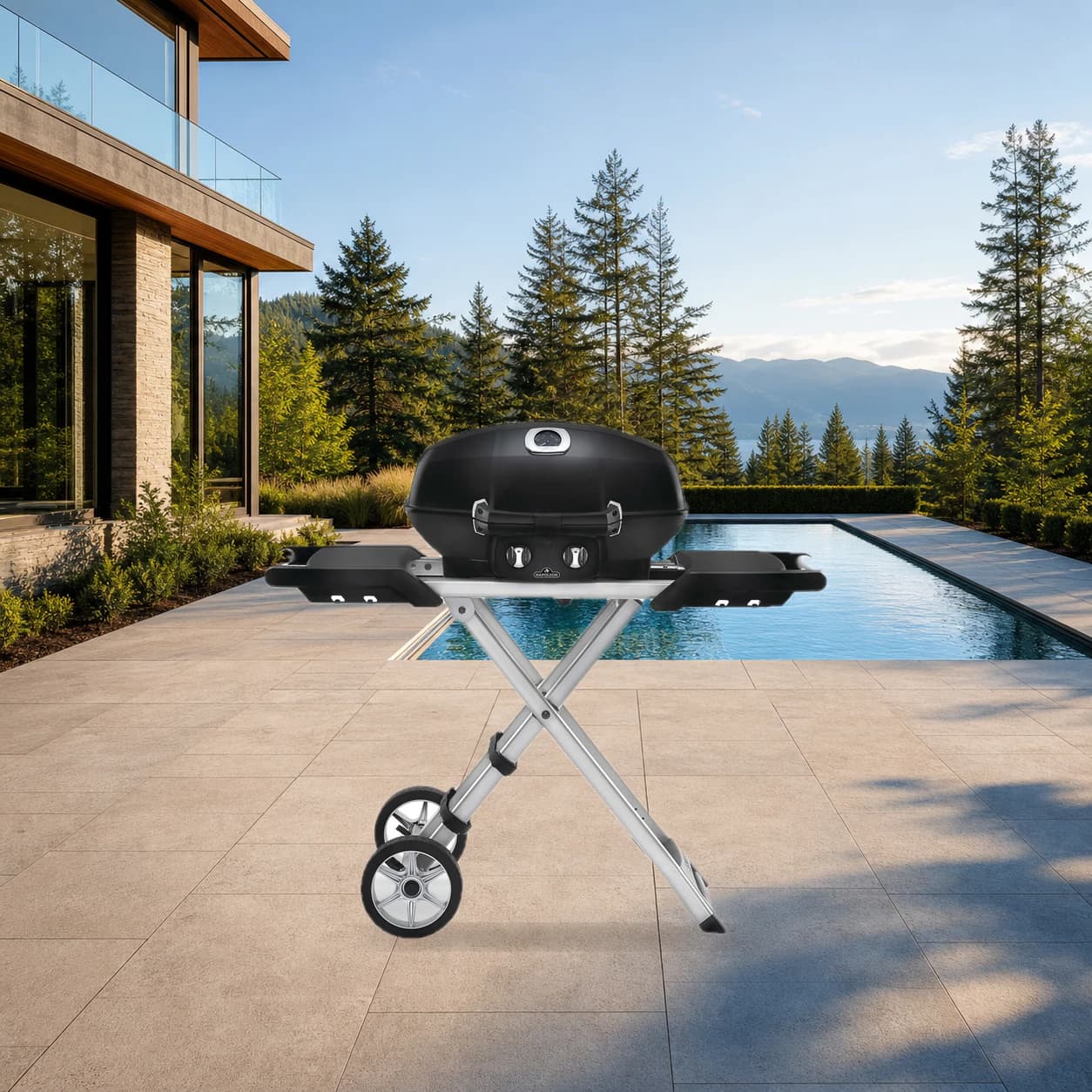 TravelQ™ PRO285X Portable Propane Gas Grill with Scissor Cart, Black in a modern poolside backyard