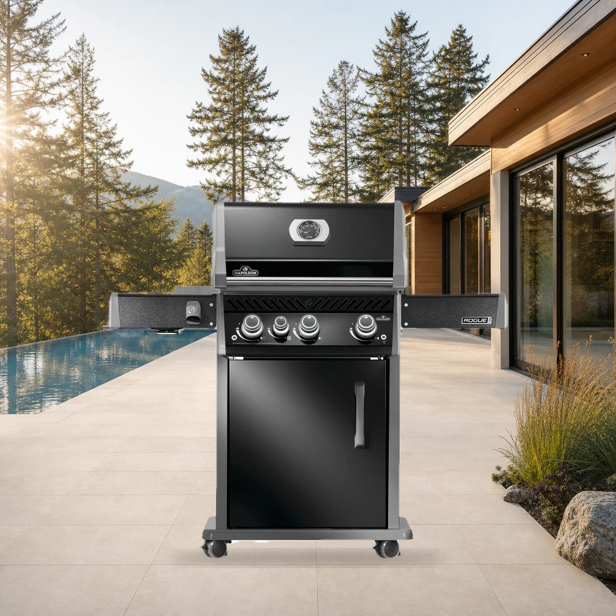 Rogue® PRO 425 Propane Gas Grill with Infrared Side Burner, Black in a modern poolside backyard