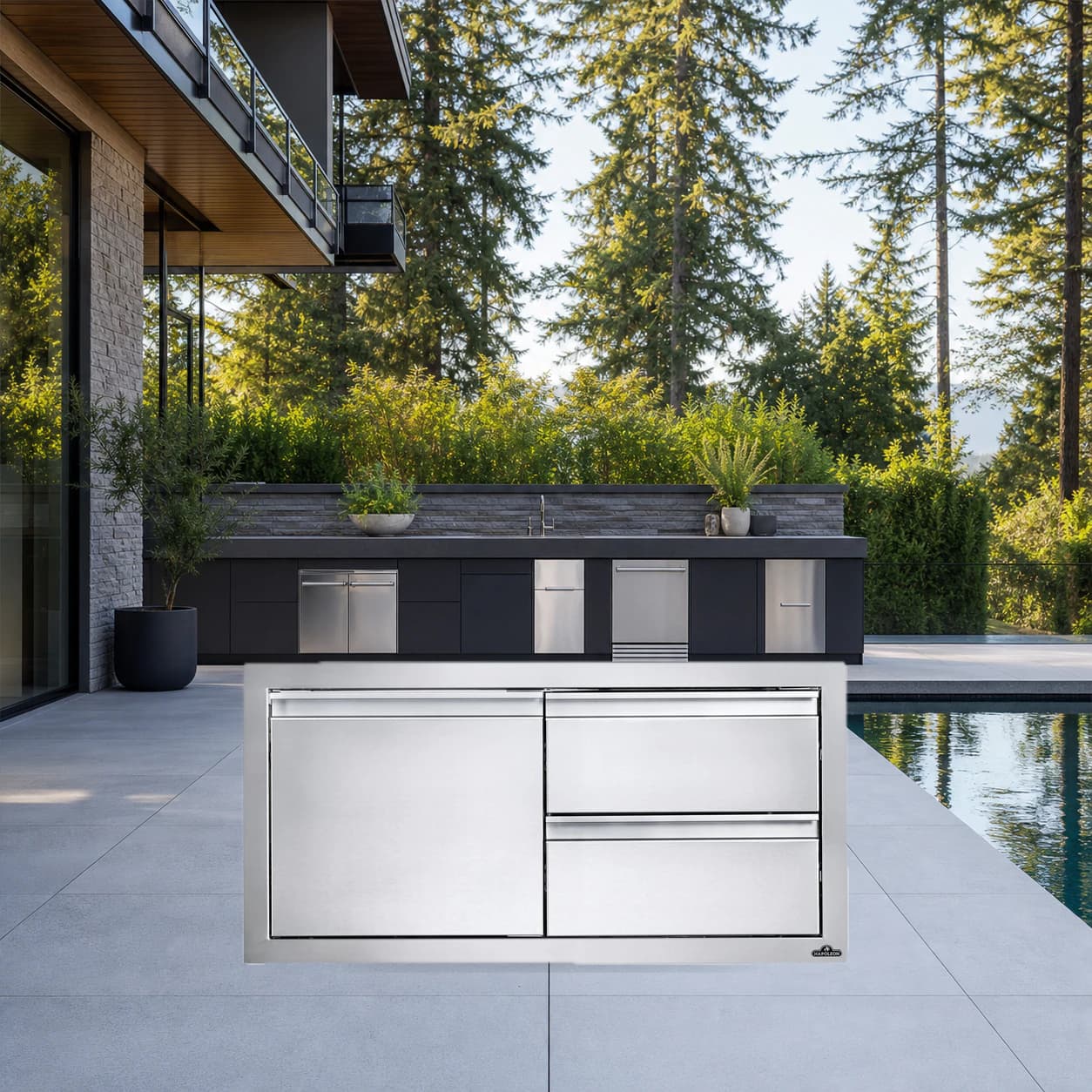 36" X 16" Single Door & Double Drawer Combo in a modern poolside backyard