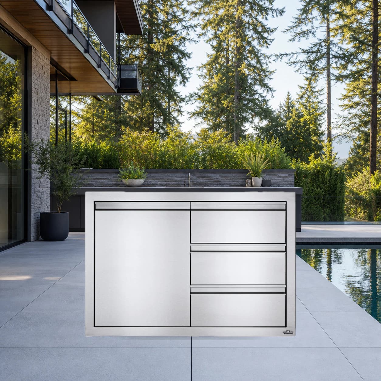 36" X 24" Single Door & Triple Drawer Combo in a modern poolside backyard