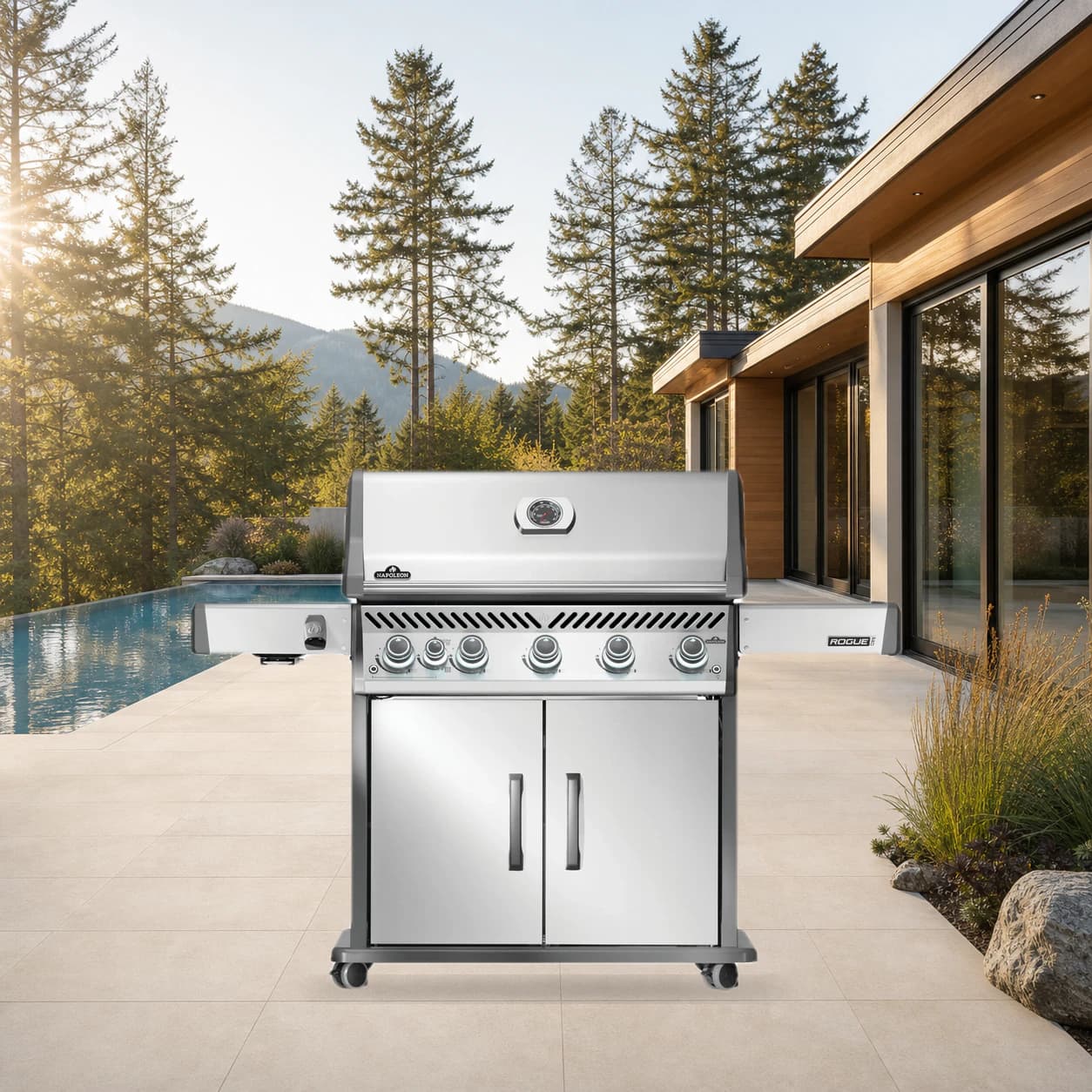 Rogue® PRO 625 Natural Gas Grill with Infrared Side Burner, Stainless Steel in a modern poolside backyard