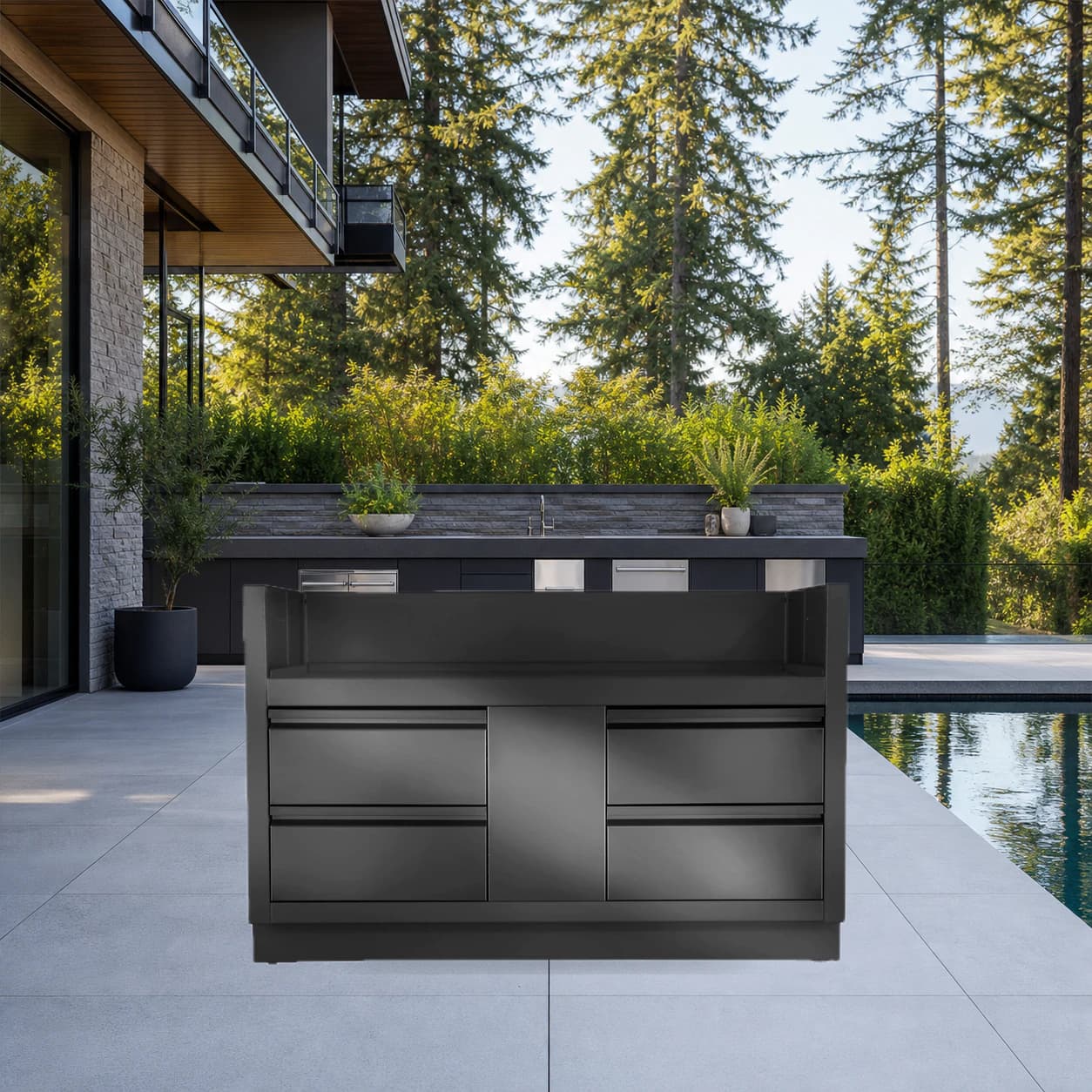 OASIS® Under Grill Cabinet for Built-in Prestige® PRO 825, Matte Black in a modern poolside backyard