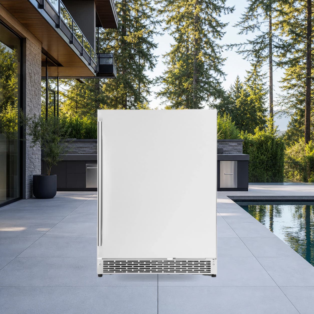 Outdoor Rated Stainless Steel Fridge in a modern poolside backyard