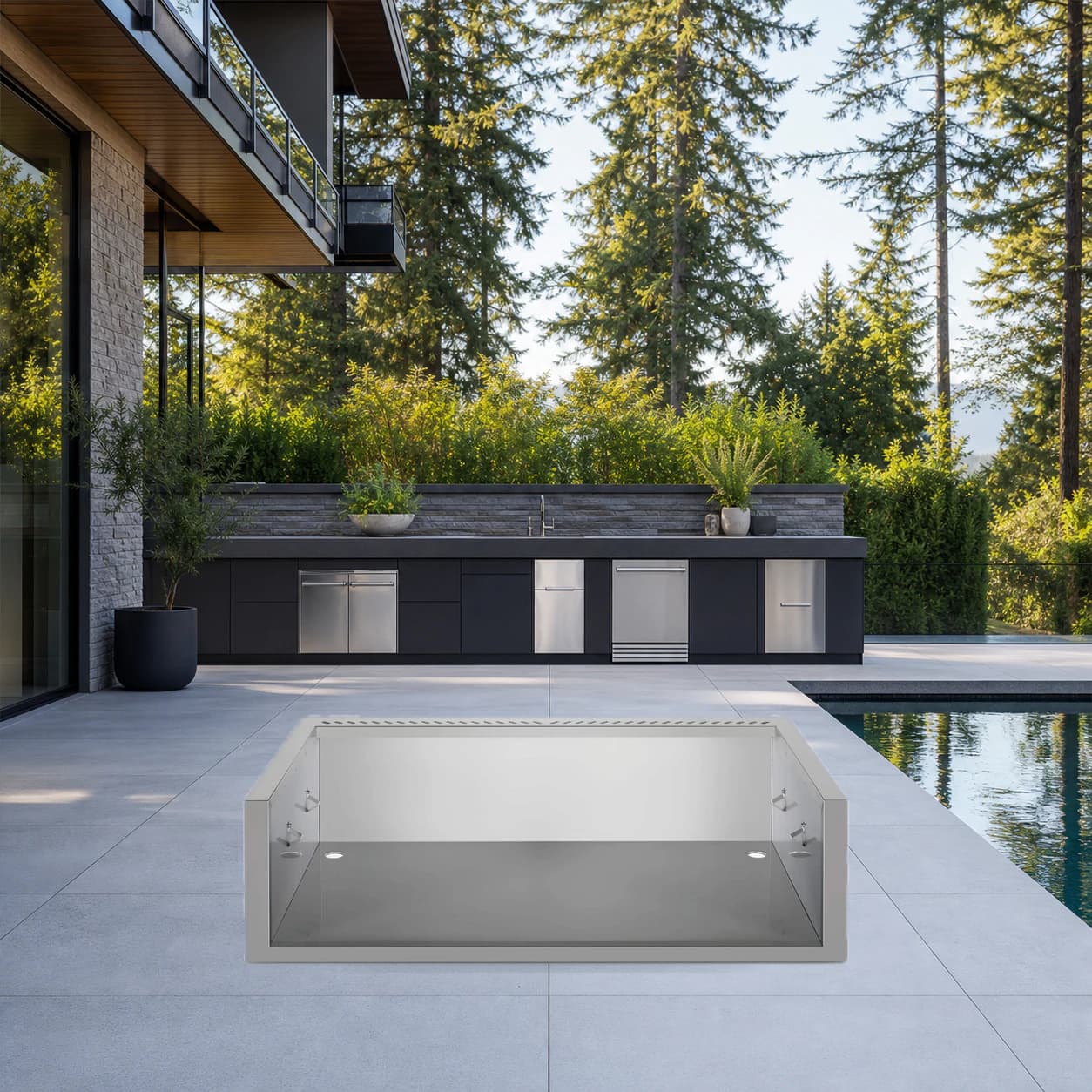 Zero Clearance Liner for Built-in 700 Series 38 in a modern poolside backyard