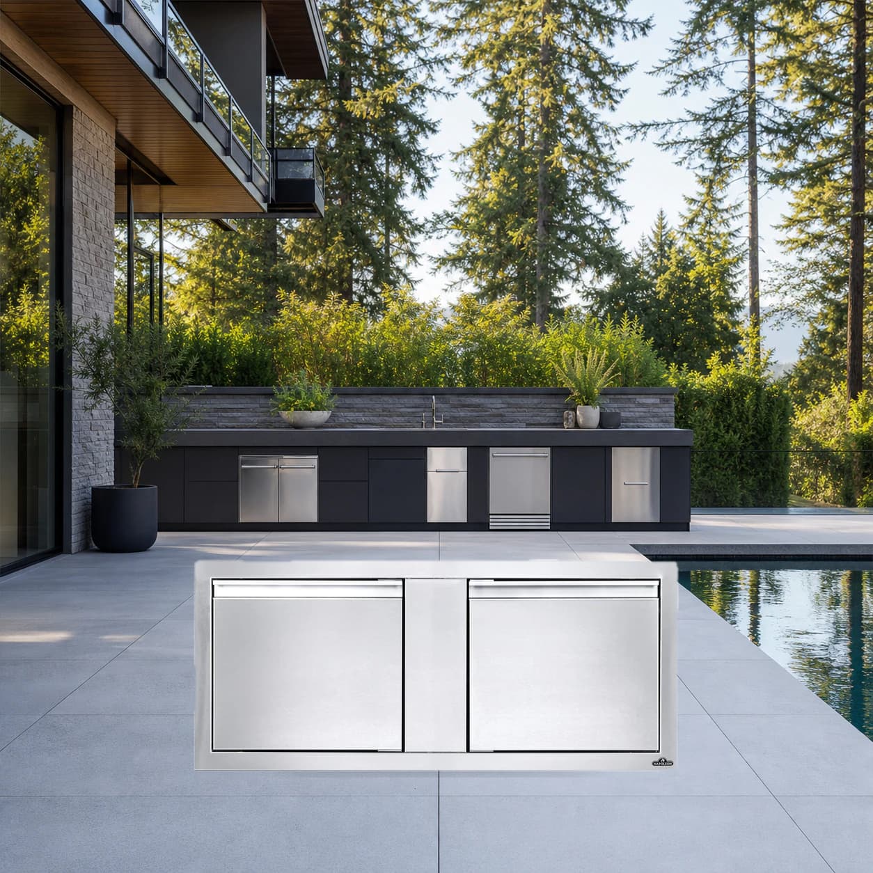 42" x 16" Small Double Door in a modern poolside backyard