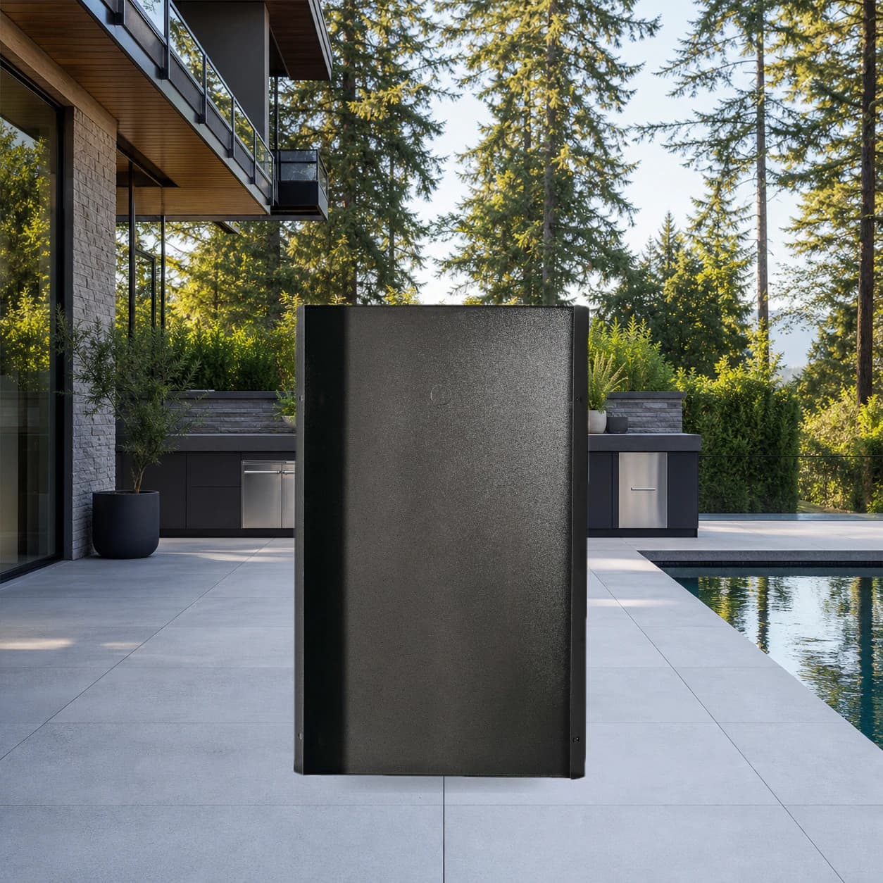 OASIS® 45° Large Transition Piece, Matte Black in a modern poolside backyard