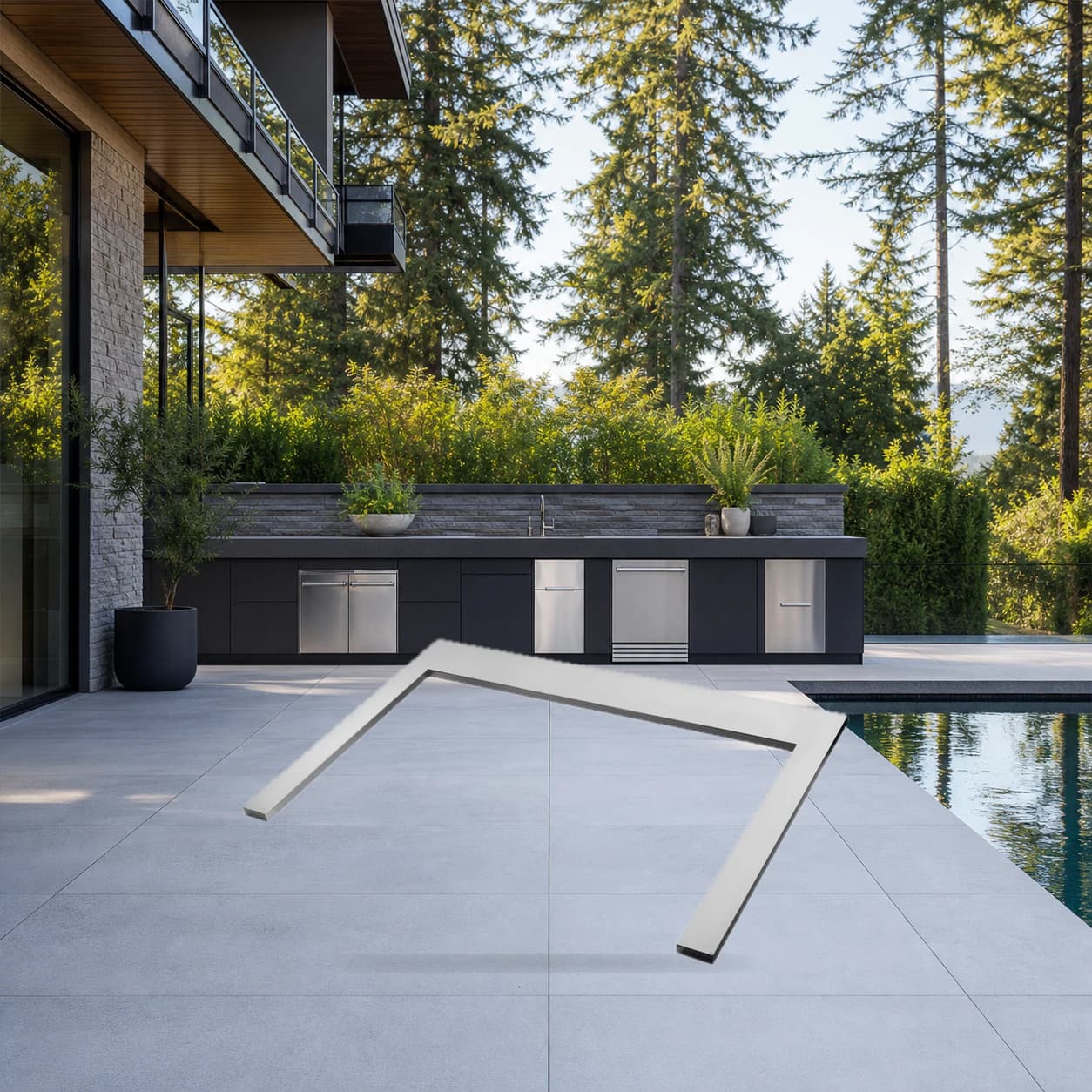 OASIS® 36" x 24" Stainless Steel Countertop for 32" Grill Head in a modern poolside backyard
