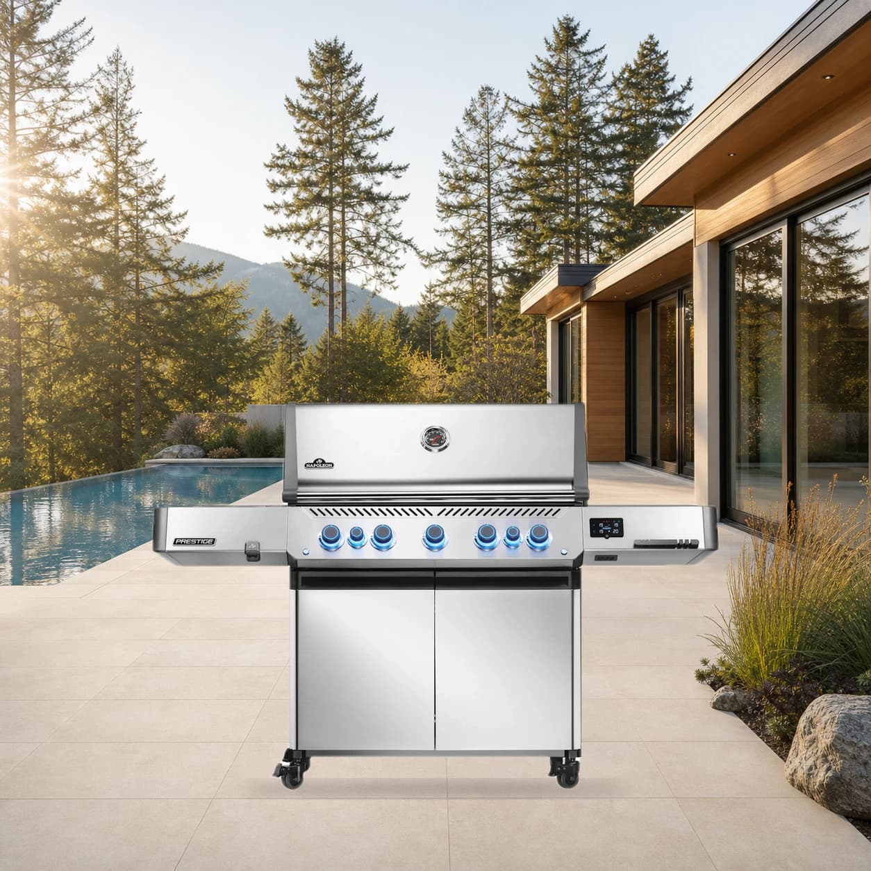 Prestige® 665 Connected, Propane Grill with Infrared Side and Rear Burner, Stainless Steel in a modern poolside backyard
