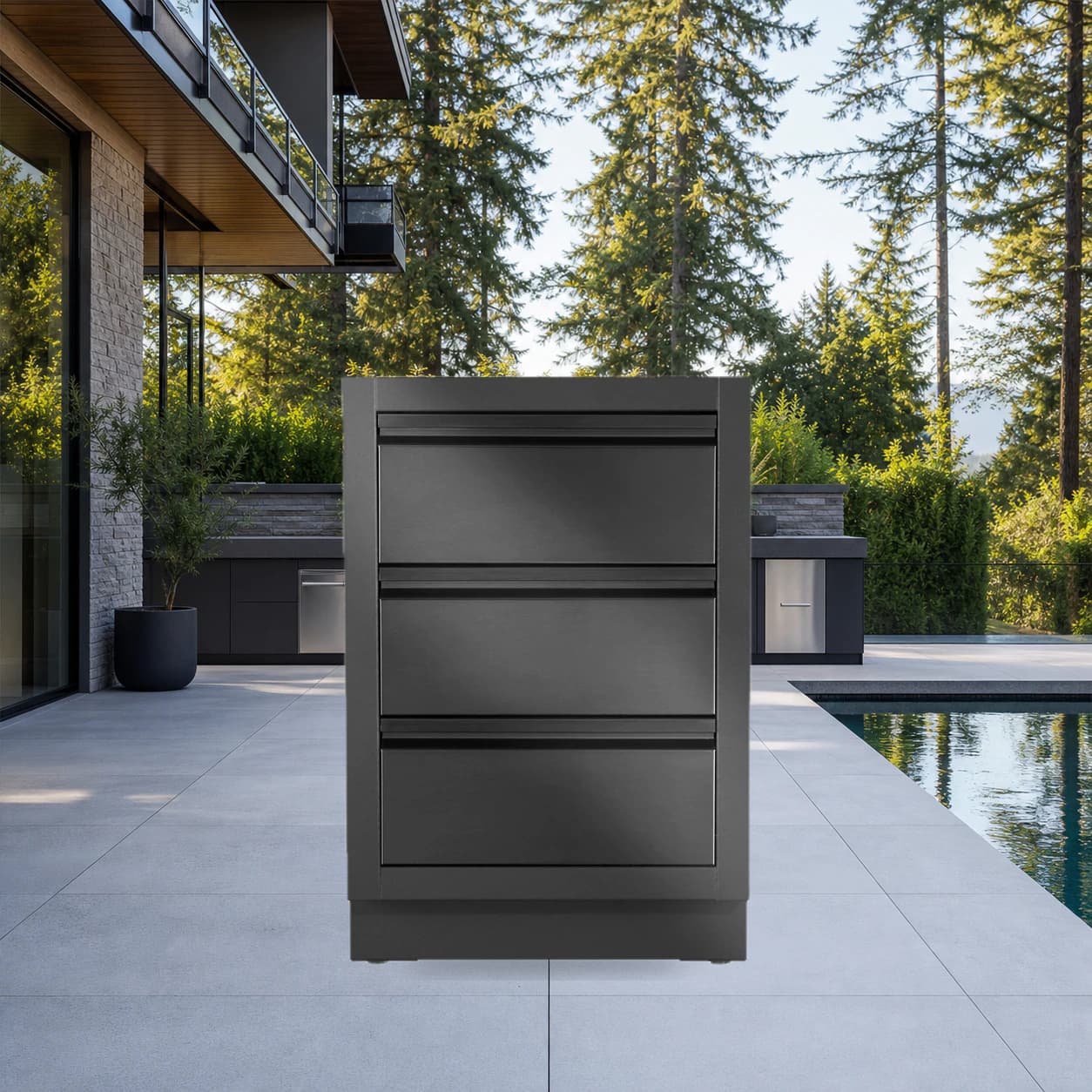 OASIS® Three Drawer Cabinet, Matte Black in a modern poolside backyard