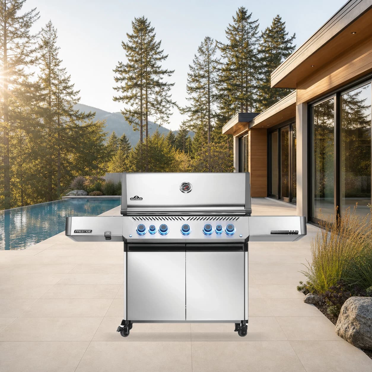 Prestige® 665 Propane Gas Grill with Infrared Side and Rear Burner, Stainless Steel in a modern poolside backyard