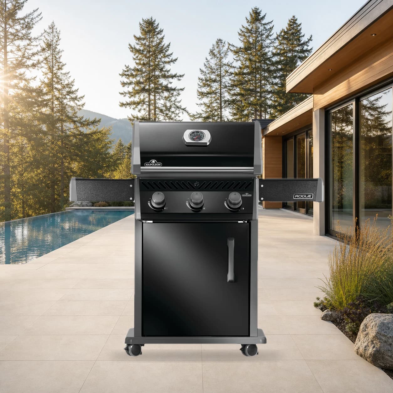 Rogue® 425 Propane Gas Grill, Black in a modern poolside backyard