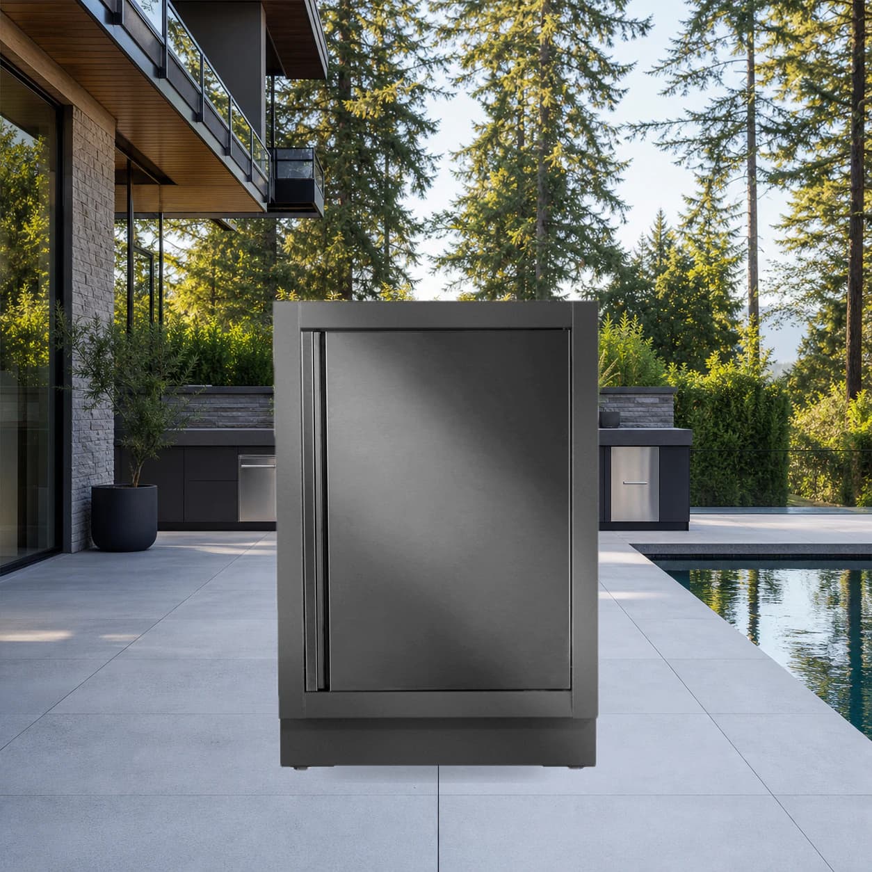 OASIS® Cabinet with Reversible Door, Matte Black in a modern poolside backyard