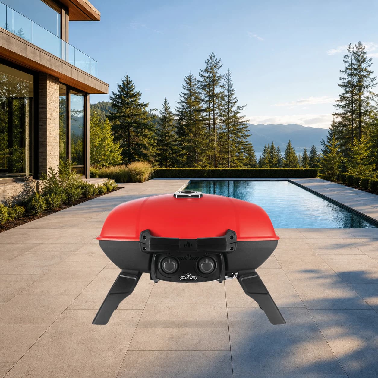 TravelQ™ 285 Portable Propane Gas Grill with Griddle, Red in a modern poolside backyard