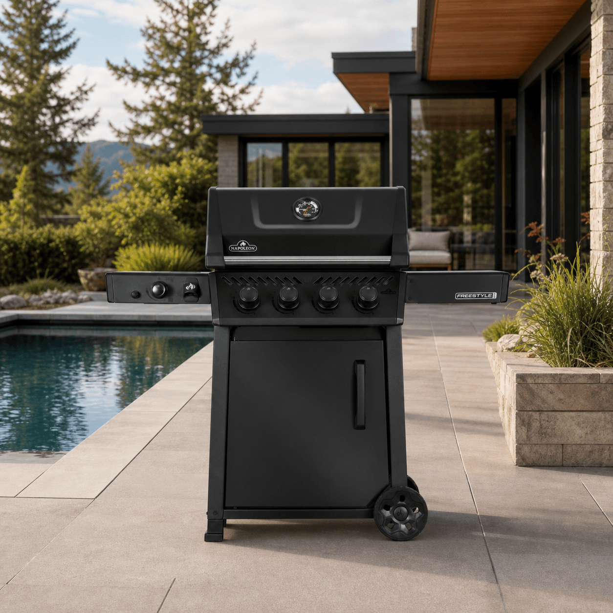 Freestyle™ PRO 425 Propane Gas Grill with Infrared Side Burner, Matte Black in a modern poolside backyard