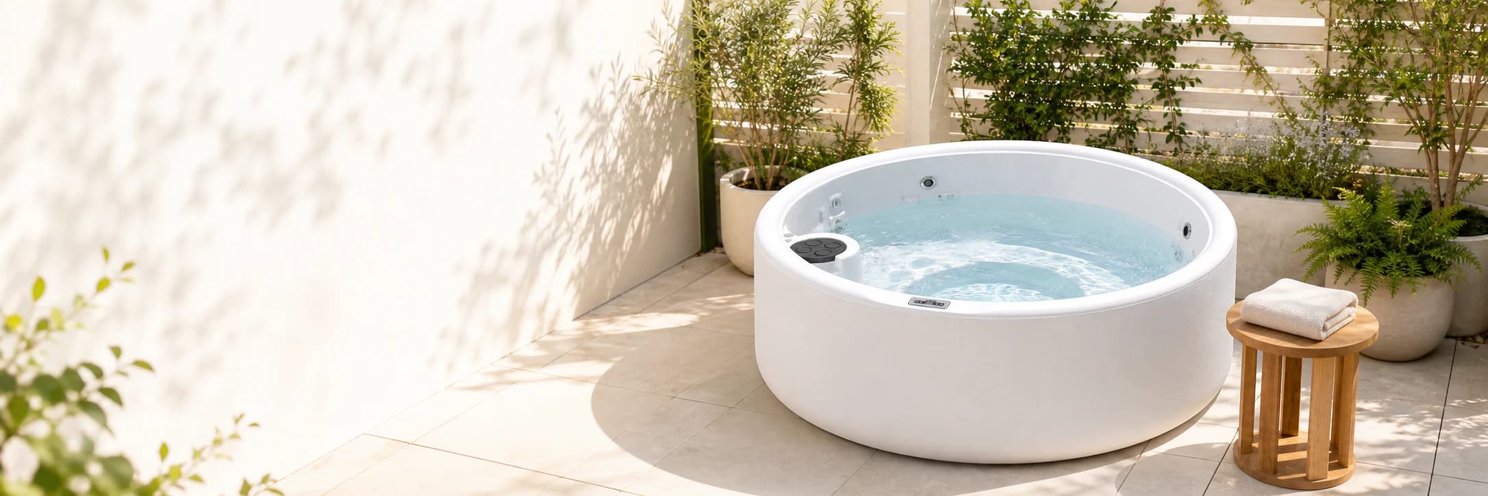Compact Freeflow hot tub on a sunny summer patio