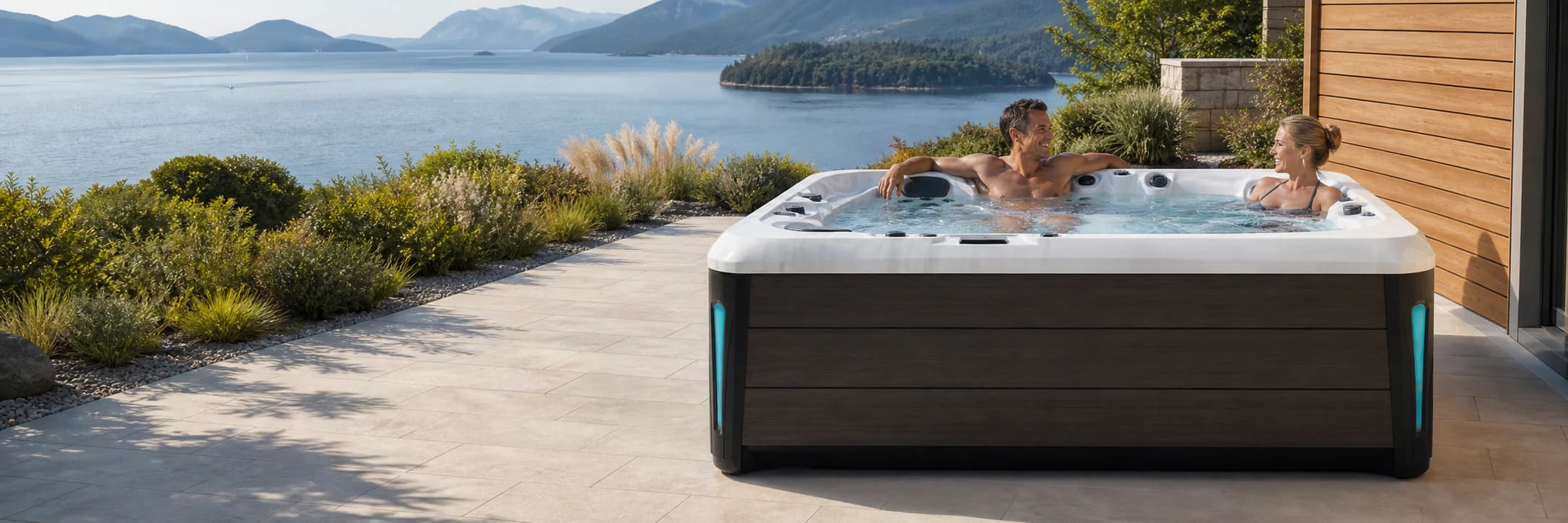 Couple relaxing in a realistic Platinum Spas Barcelona hot tub above Howe Sound, British Columbia