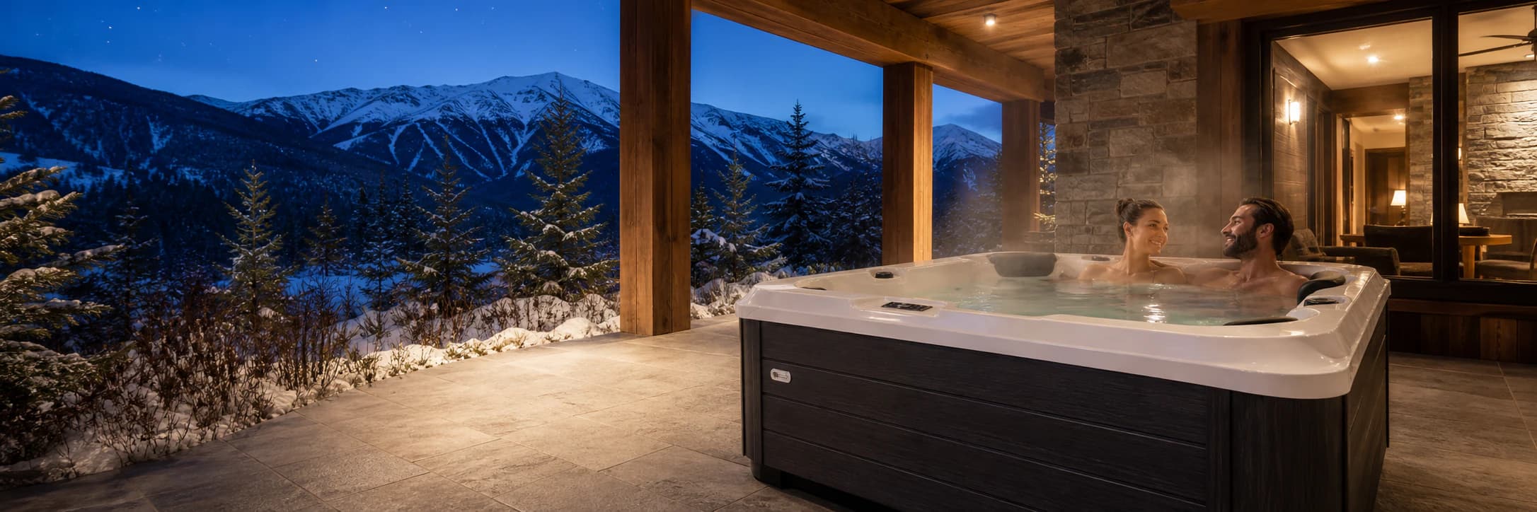 Couple unwinding in a realistic Platinum Spas hot tub at a Whistler home at night