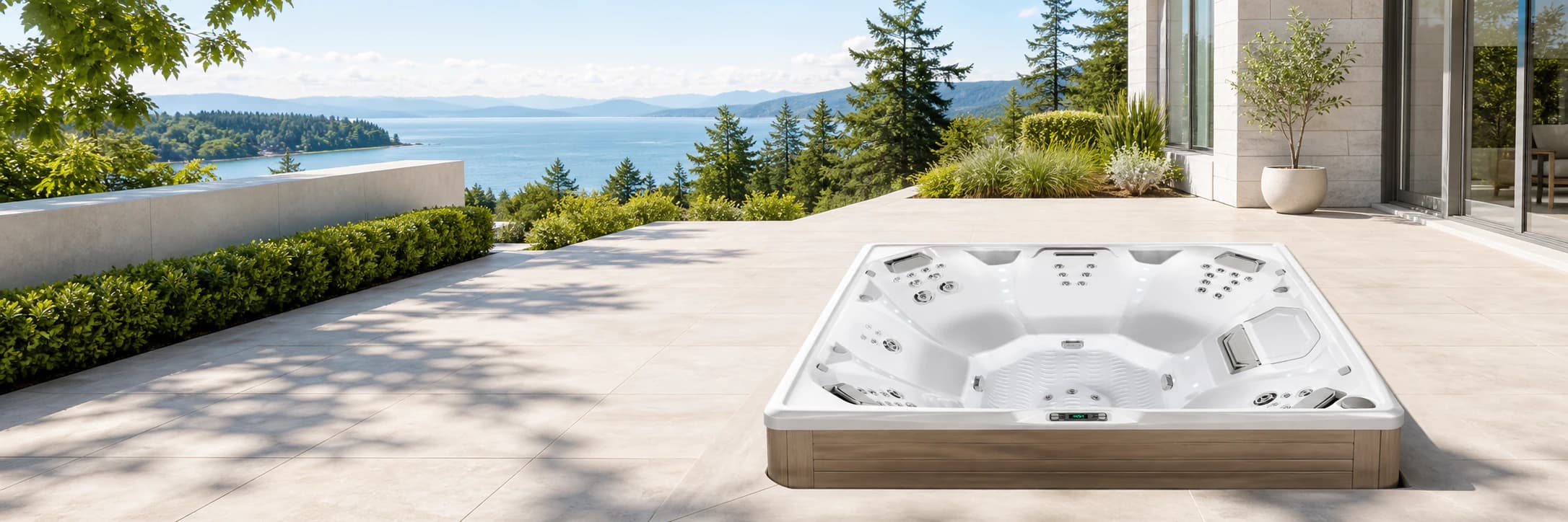 Hot Spring Pulse hot tub on a sunny deck overlooking a lake