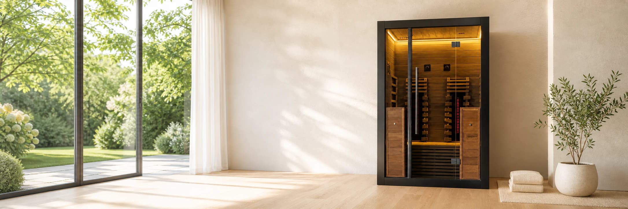Hekla infrared sauna in a sunlit modern home wellness room