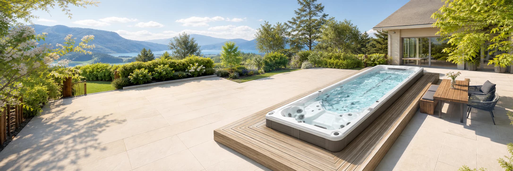 Platinum Eros Pro swim spa in a light contemporary backyard