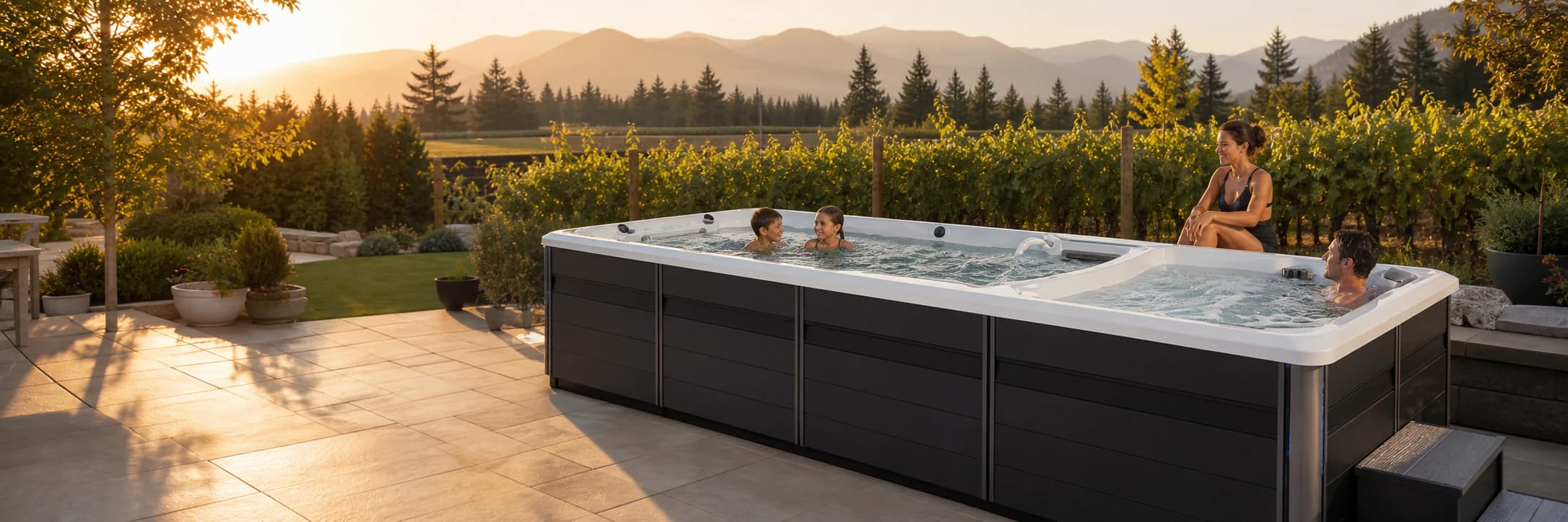 Family enjoying a realistic Endless Pools dual-zone swim spa in British Columbia's Fraser Valley