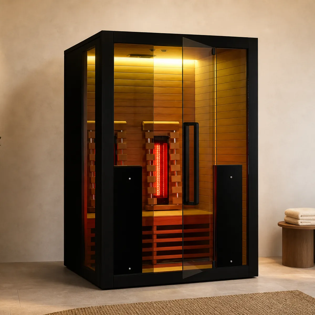 Hekla Infrared 130 two-person sauna installed in a contemporary home wellness room
