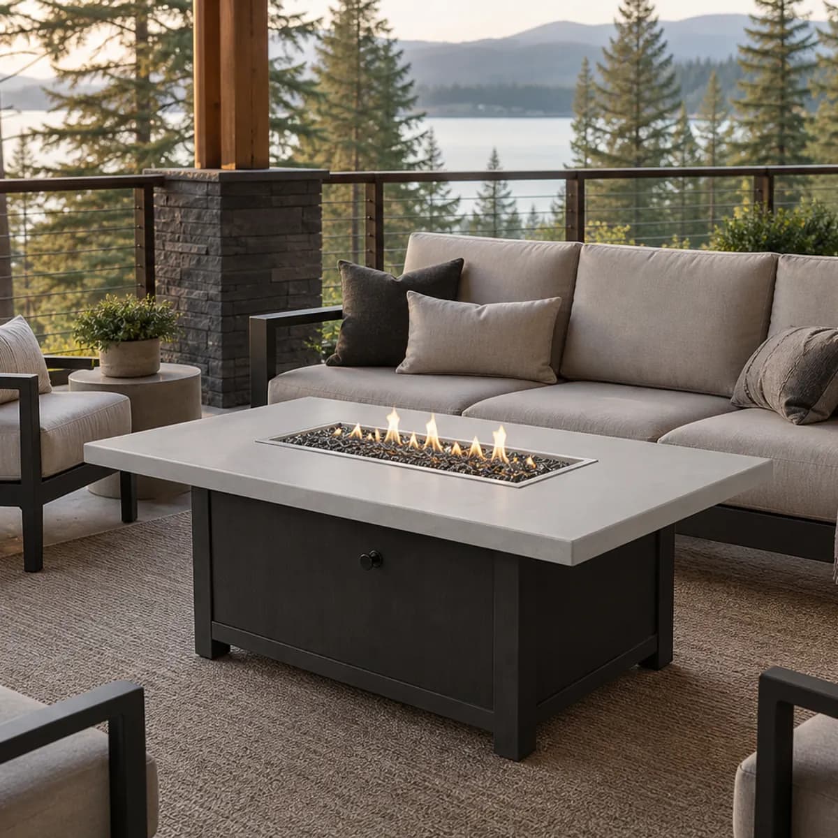 Ratana Luxor 50 by 29 inch fire pit lit on a premium West Coast patio