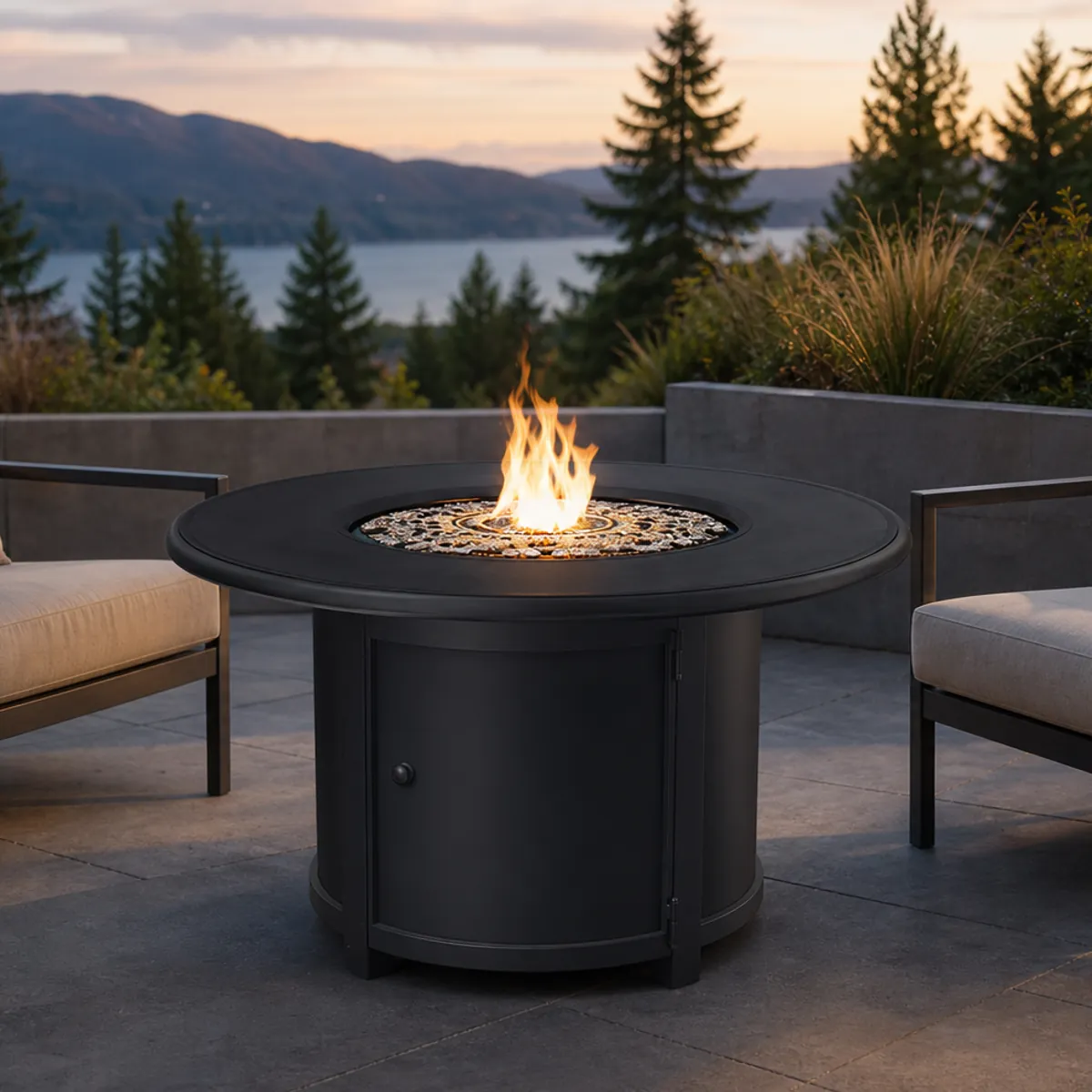 Vulcan 42 inch round fire table lit on a premium West Coast patio