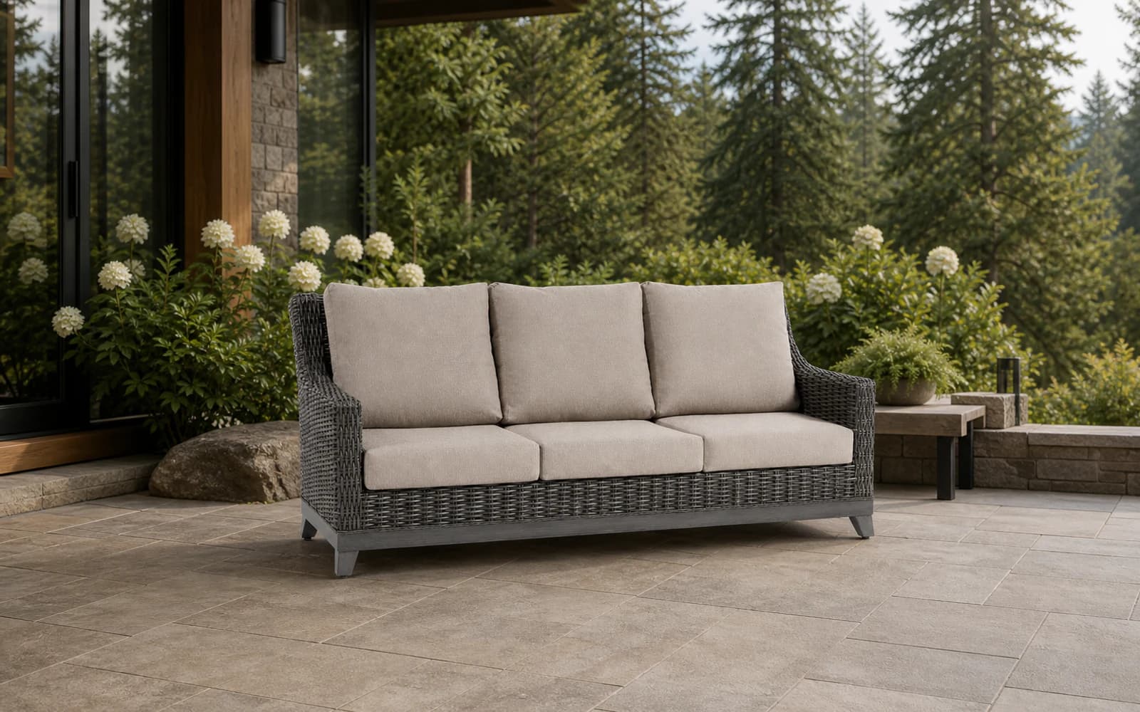 Ratana Budapest Collection furniture in a modern Pacific Northwest outdoor living setting.