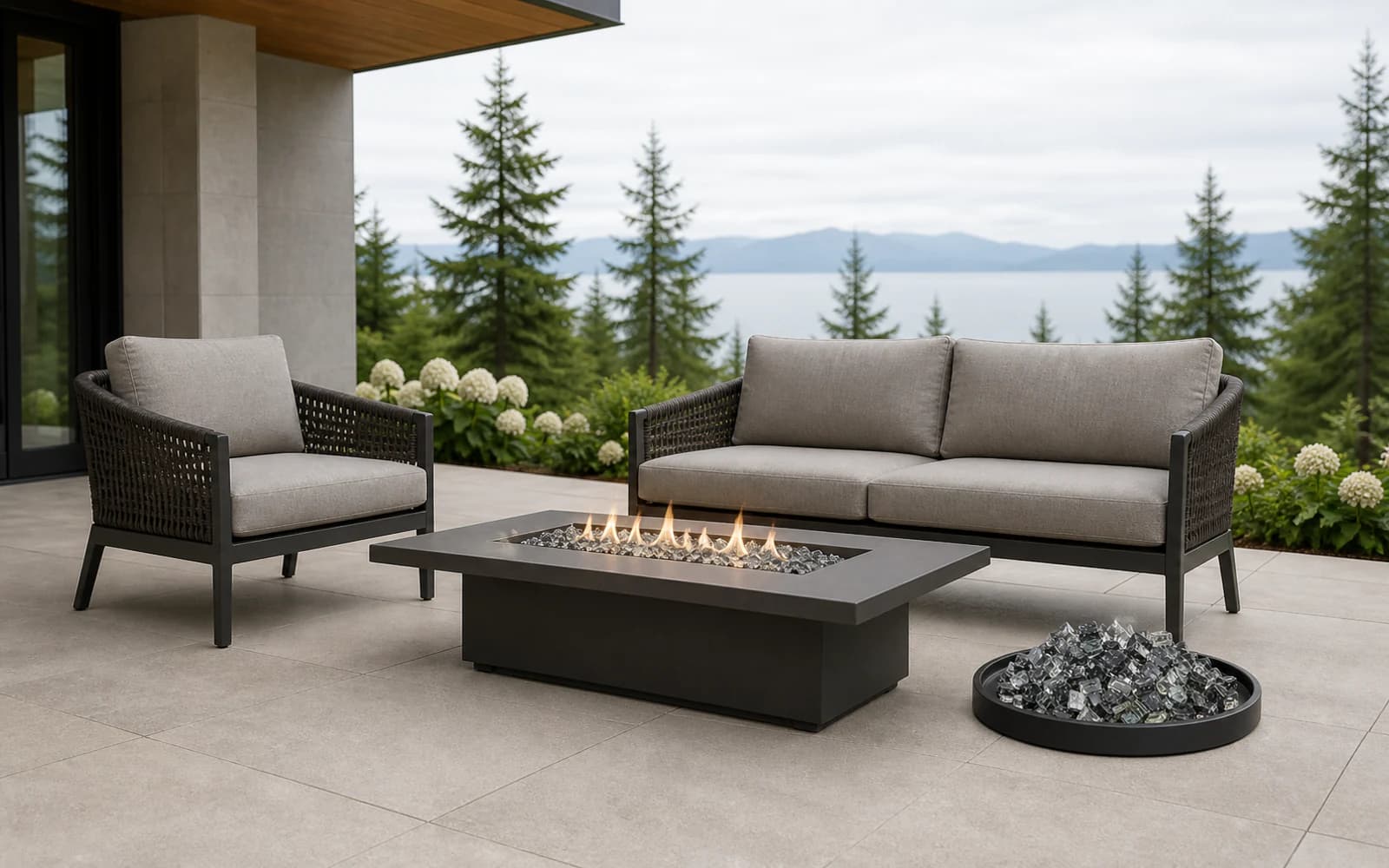 Ratana Fire Pit Accessories Collection furniture in a modern Pacific Northwest outdoor living setting.