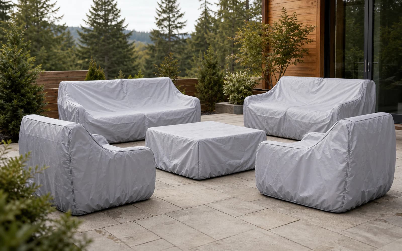 Ratana Furniture Covers Collection furniture in a modern Pacific Northwest outdoor living setting.