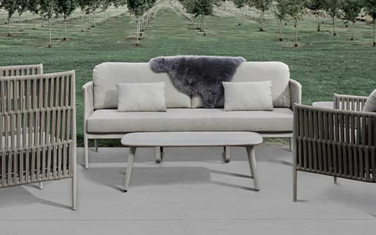 Ratana Lineas Collection furniture in a modern Pacific Northwest outdoor living setting.