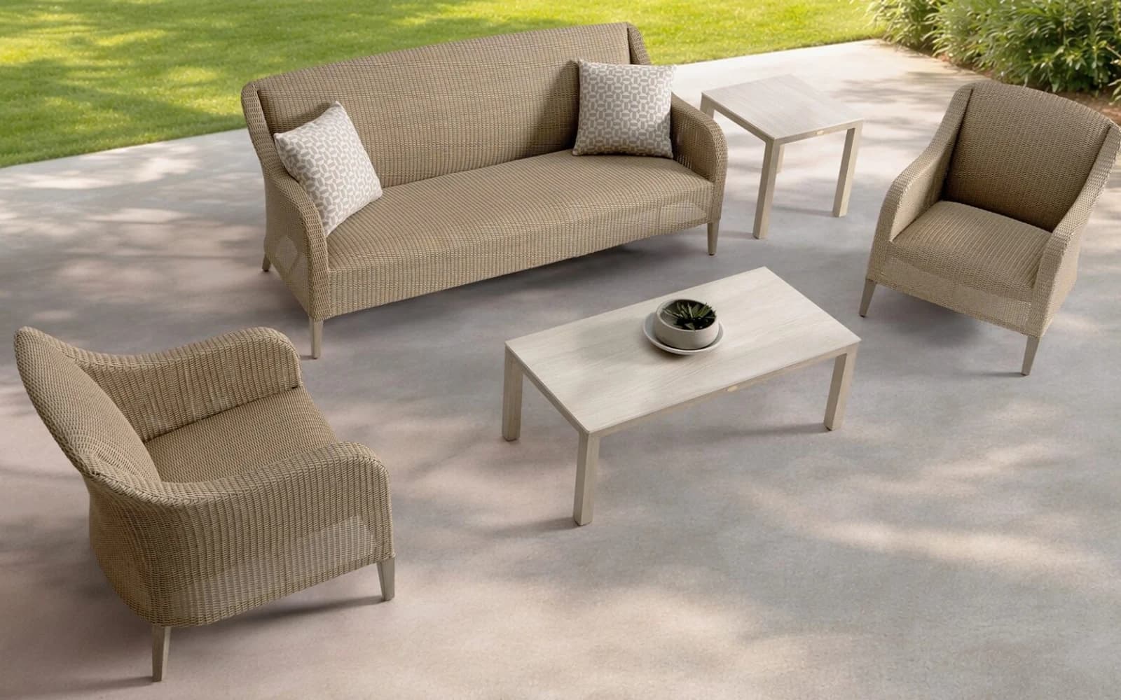 Ratana Marbella Collection furniture in a modern Pacific Northwest outdoor living setting.