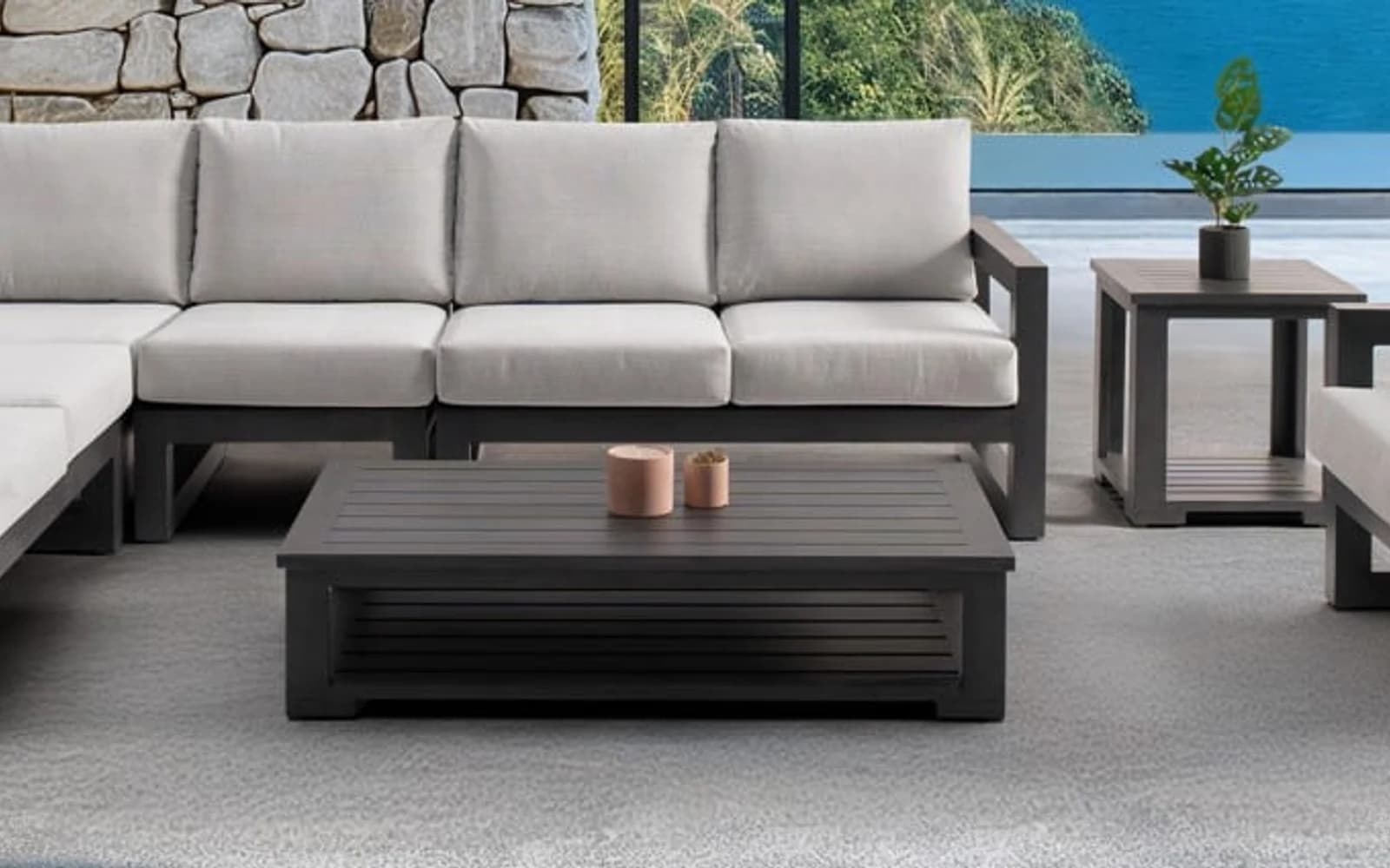 Ratana Milano Collection furniture in a modern Pacific Northwest outdoor living setting.