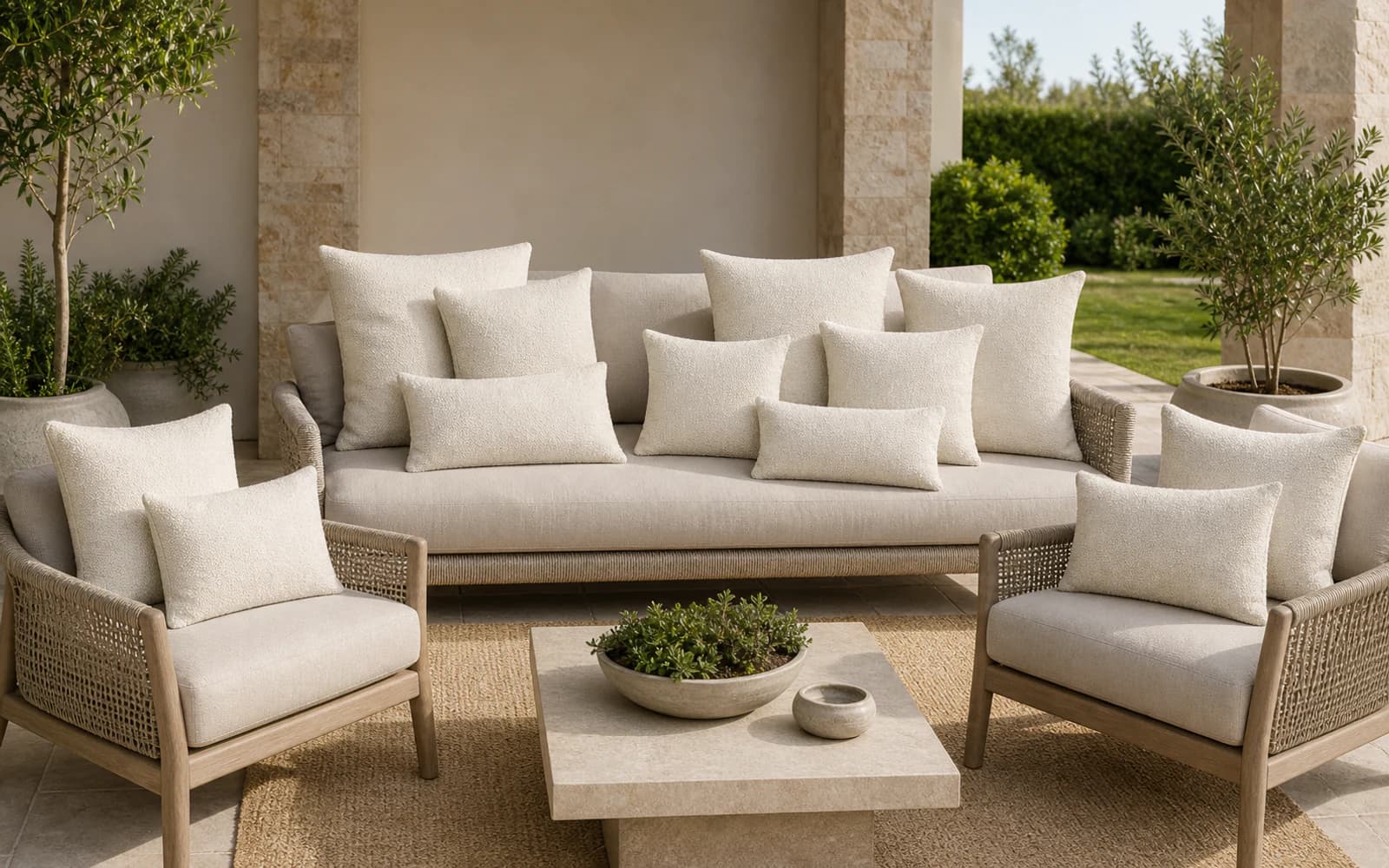 Ratana Toss Pillows Collection furniture in a modern Pacific Northwest outdoor living setting.