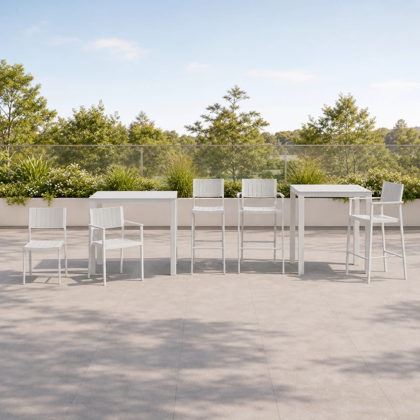Ratana Avignon collection arranged as a complete front-facing outdoor setting with every visible piece fully inside the square frame.