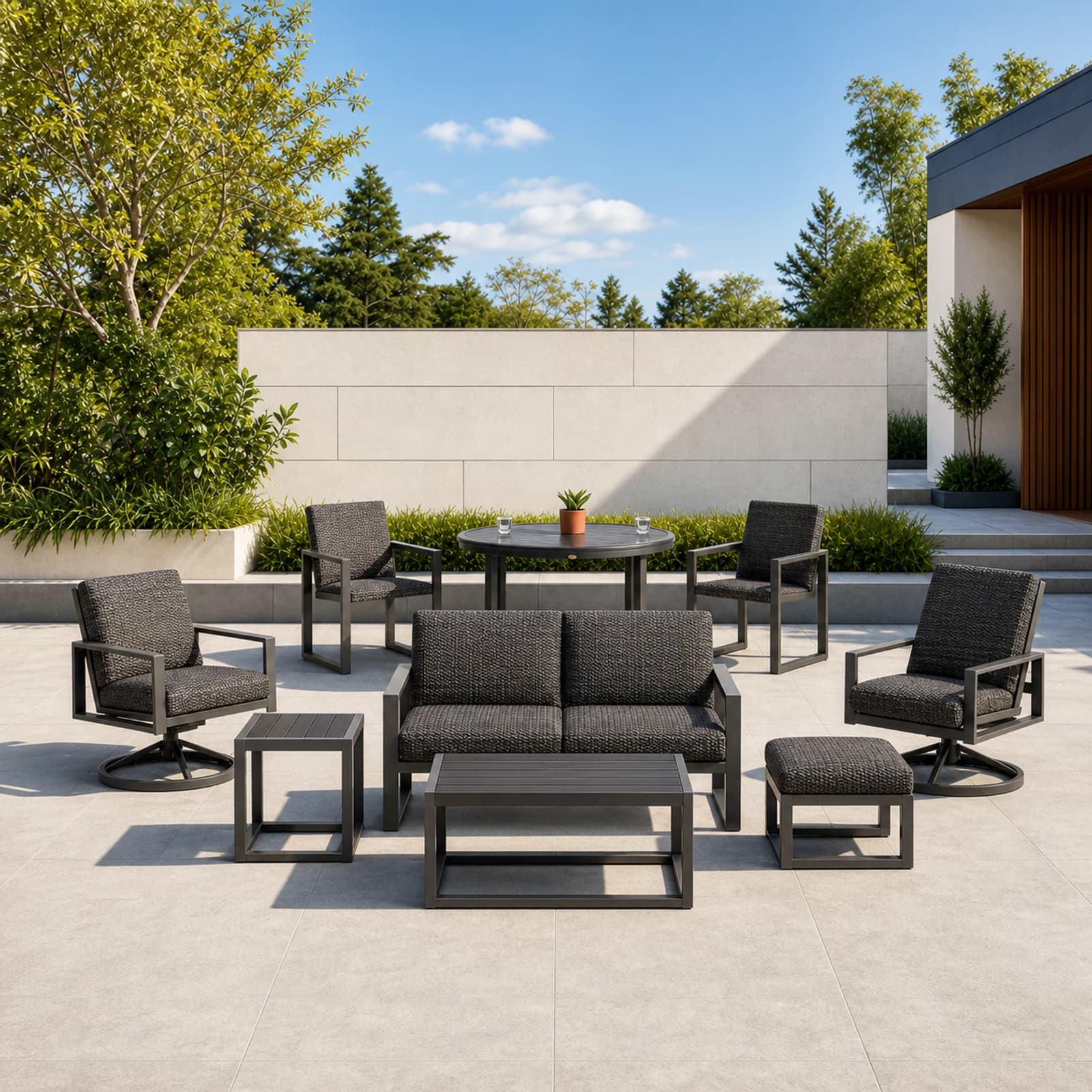 Ratana Bergen collection arranged as a complete front-facing outdoor setting with every visible piece fully inside the square frame.