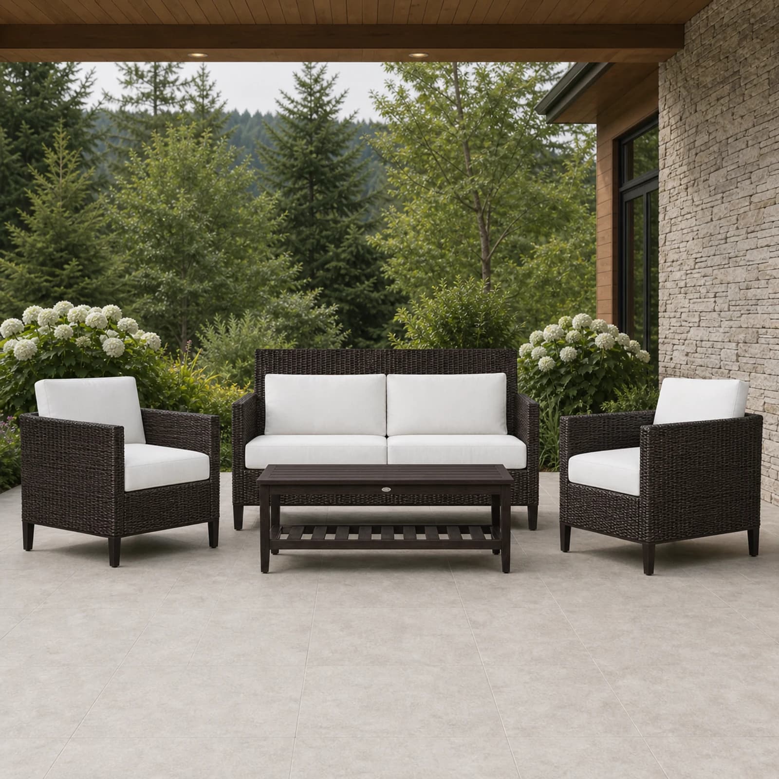 Ratana Biltmore collection arranged as a complete front-facing outdoor setting with every visible piece fully inside the square frame.