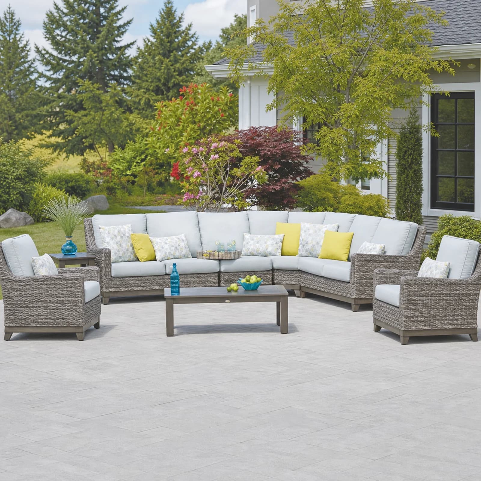 Ratana Boston collection arranged as a complete front-facing outdoor setting with every visible piece fully inside the square frame.